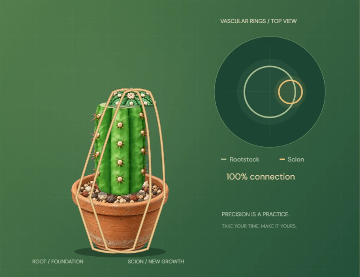 The game's grafting bench: a Star Cactus graft secured to San Pedro, with aligned vascular rings.