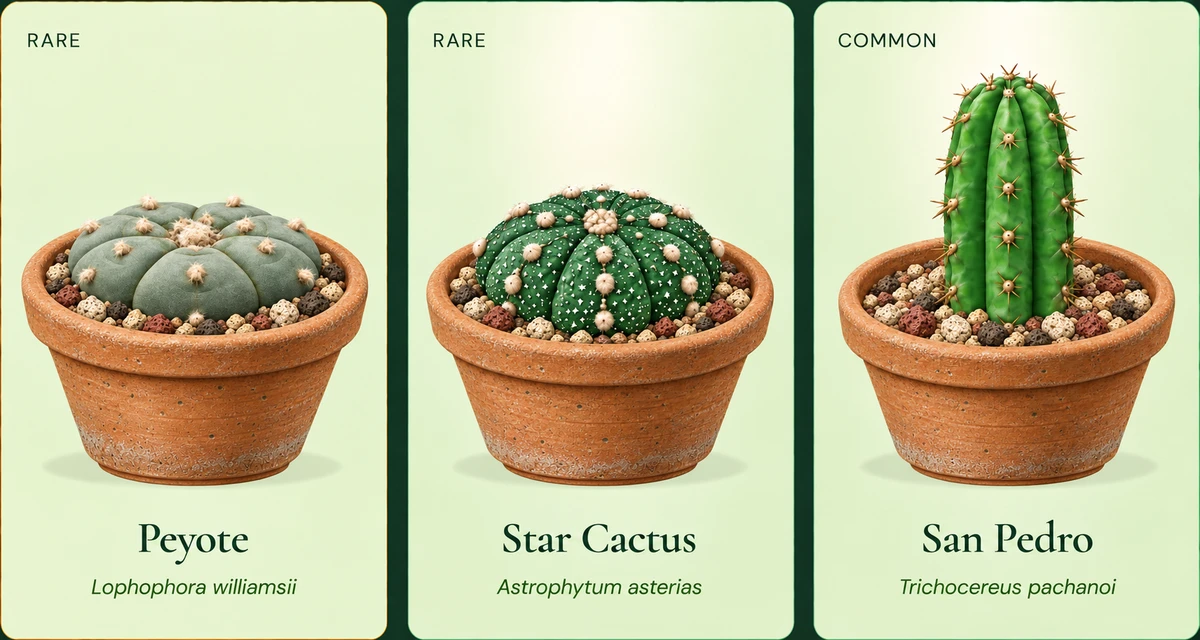 Gritty Mix nursery illustration: low, rounded Peyote and Star Cactus seated in terracotta pots beside an upright San Pedro.